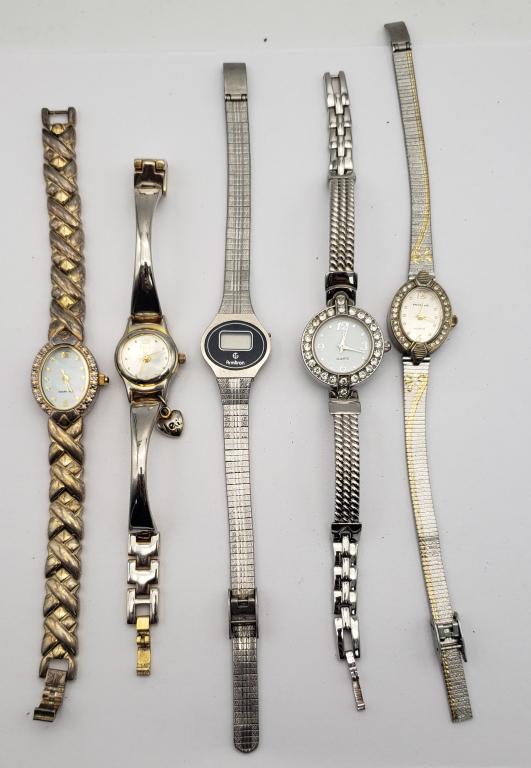 5-VINTAGE WOMAN'S WRISTWATCHES: DIAMOND, MILAN, ARMITRON, LEI, QUARTZ. ALL WATCHES ARE UNTESTED.