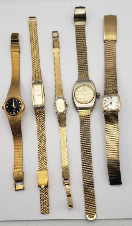 5-VINTAGE GOLD TONED WOMAN'S WRISTWATCHES: SEIKO, DEANVILLE, MOSELEY, ESEINOR, GIRARD PERREGAUX. ALL WATCHES ARE UNTESTED