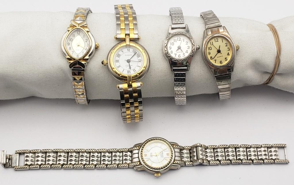 5-VINTAGE WOMAN'S WRISTWATCHES: (4)QUARTZ, GRUEN. ALL WATCHES ARE UNTESTED