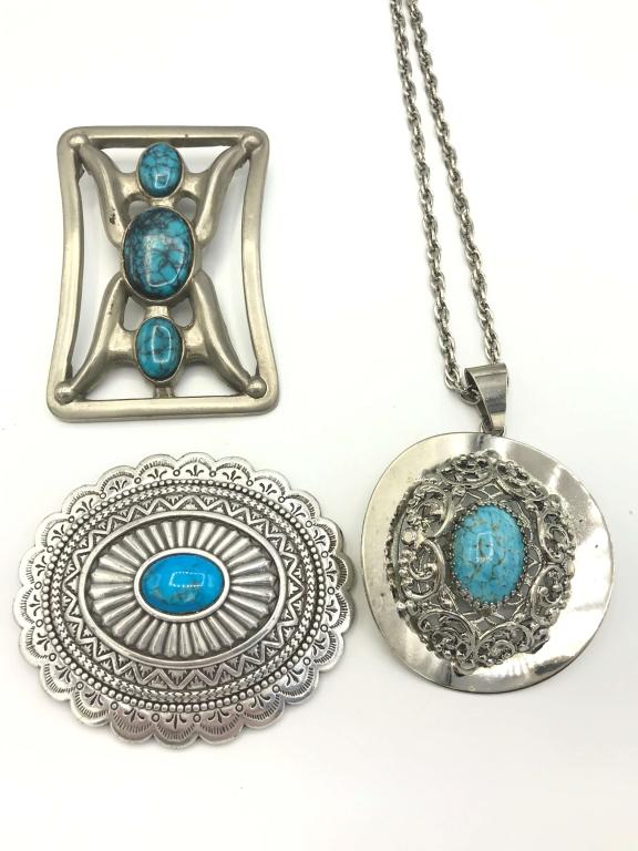 TURQ COLOR STONE NECKLACE & 2 BELT BUCKLES (1 of 3)