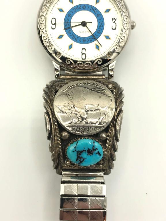LH STAMPED .925 WATCH TIPS TURQ/ BUFFALO: MENS WATCH TIPS WITH A BUFFALO NICKEL AND TURQUOISE STONES MARKED "LH STERLING" 43.9 DWT TOTAL (WATCH TIPS INCLUDE THE BAND AND WATCH FACE)