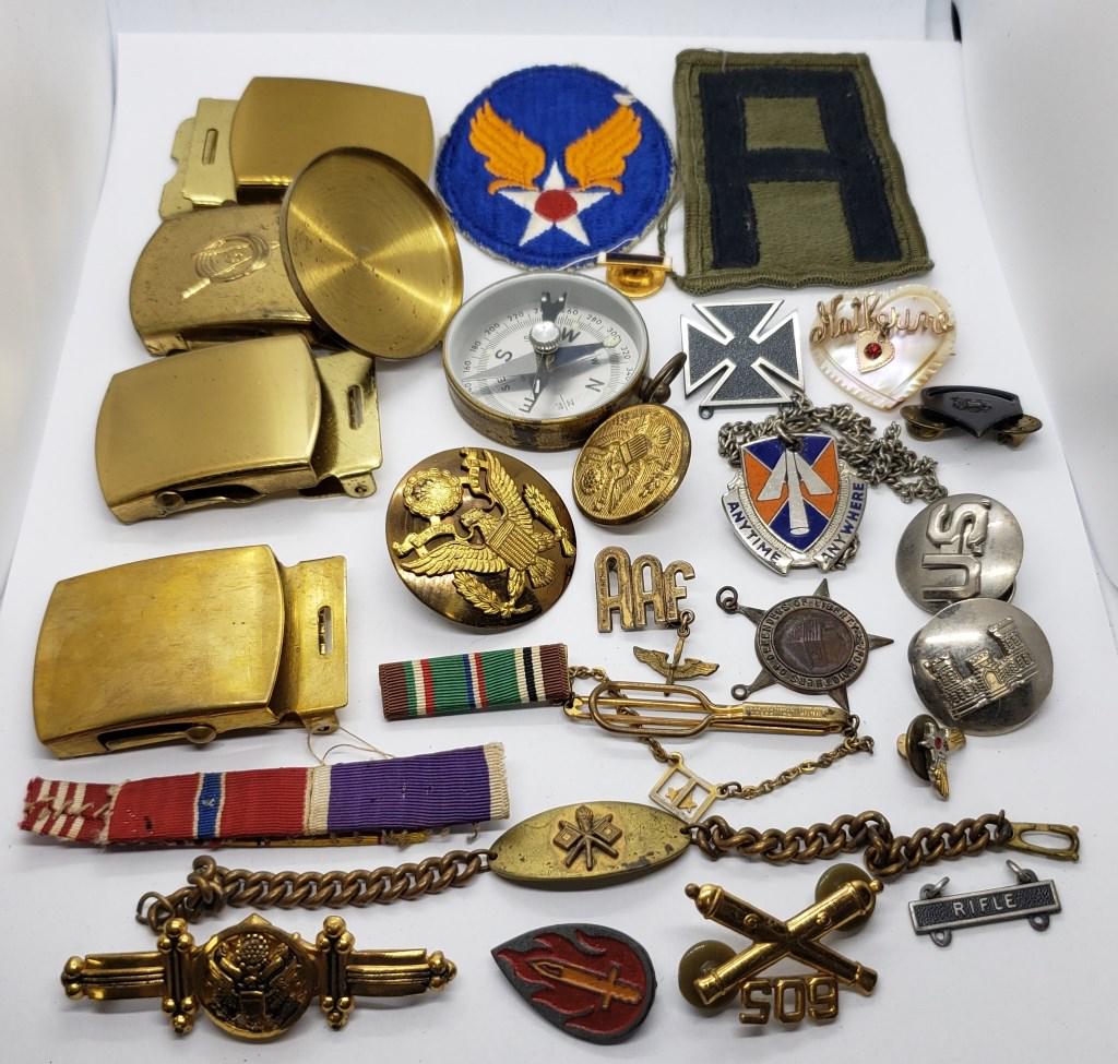 WWII Army Lot - Compass, Belt Buckles, Pins, Butto (1 of 5)