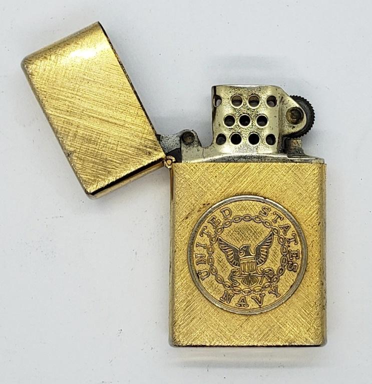 Vintage United States Navy Windproof Lighter 14k P: 14k Gold Plated. Needs flint/fluid/wick.