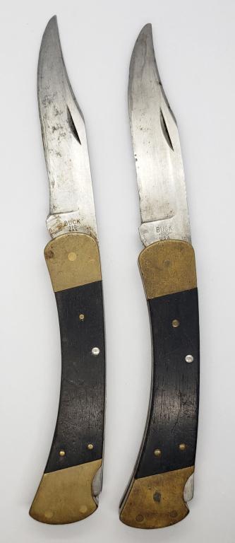 2 Vintage Buck 110 Hunting Knives: These have been heavily used and could use some restoring. Blades have been resharpened and one has a few nicks.