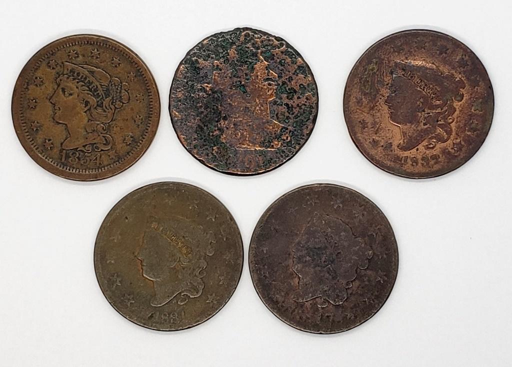 5-LARGE CENTS:  1801, 1817, 1831, 1832, 1854 (1 of 2)