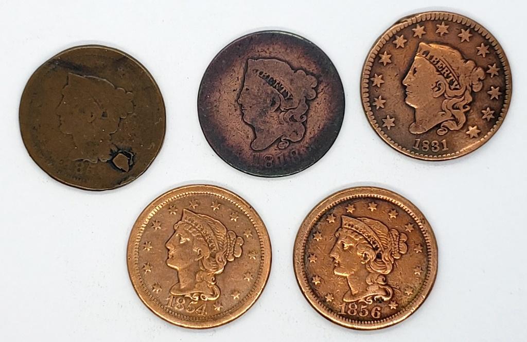 5-LARGE CENTS:  1818, 1831, 1852, 1854, 1856 (1 of 2)
