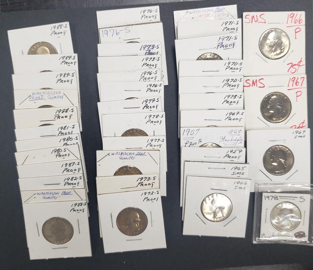(39) PROOF QTRS 1950s, 60s, 70s & 80s: 1957 & 1959; (6) SMS or PROOF 1960s; (19) 1970s; (1) 1980s - ALL in 2x2