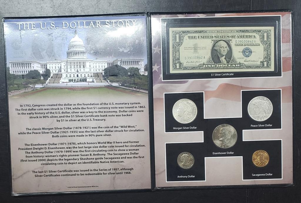 THE U.S. DOLLAR STORY - 1921 MORGAN: 1922 PEACE, SILVER CERTIFICATE, IKE, SBA & SACAGAWEA in FOLDER