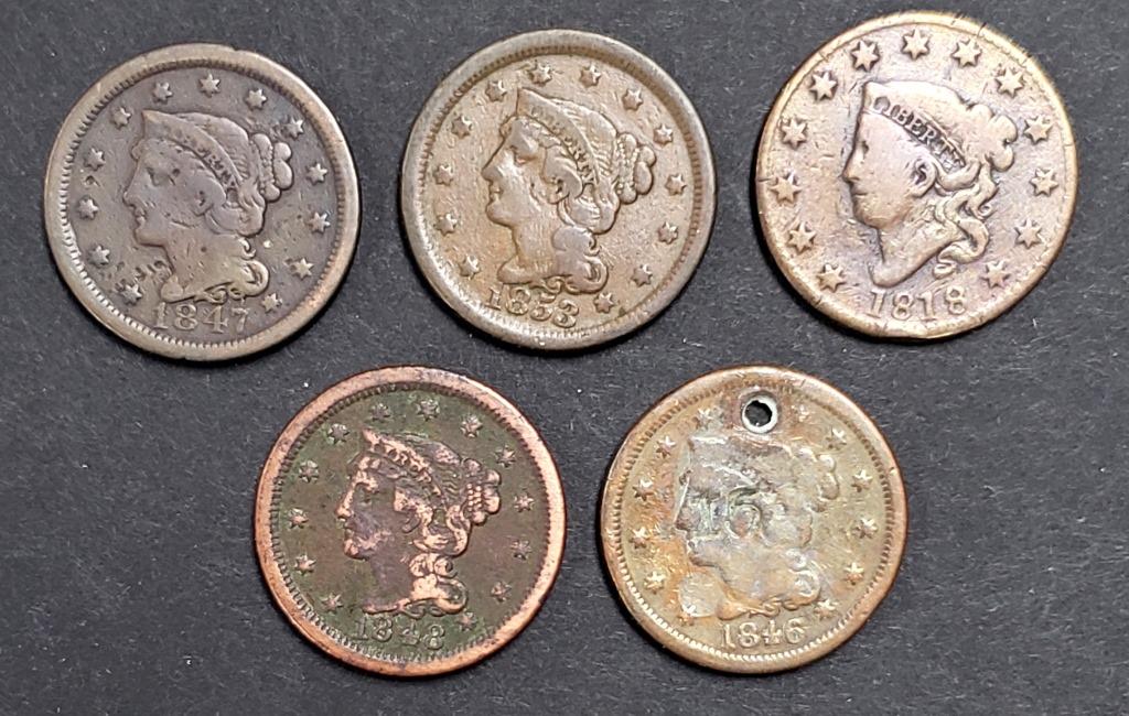 5-LARGE CENTS: 1818, 1846, 1847, 1848, 1853: MIXED DATES/GRADES