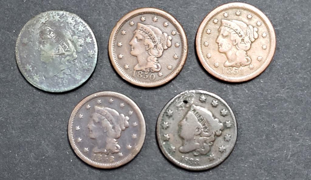 5-LARGE CENTS:  1829, 1833, 1846, 1850, 1851 (1 of 2)
