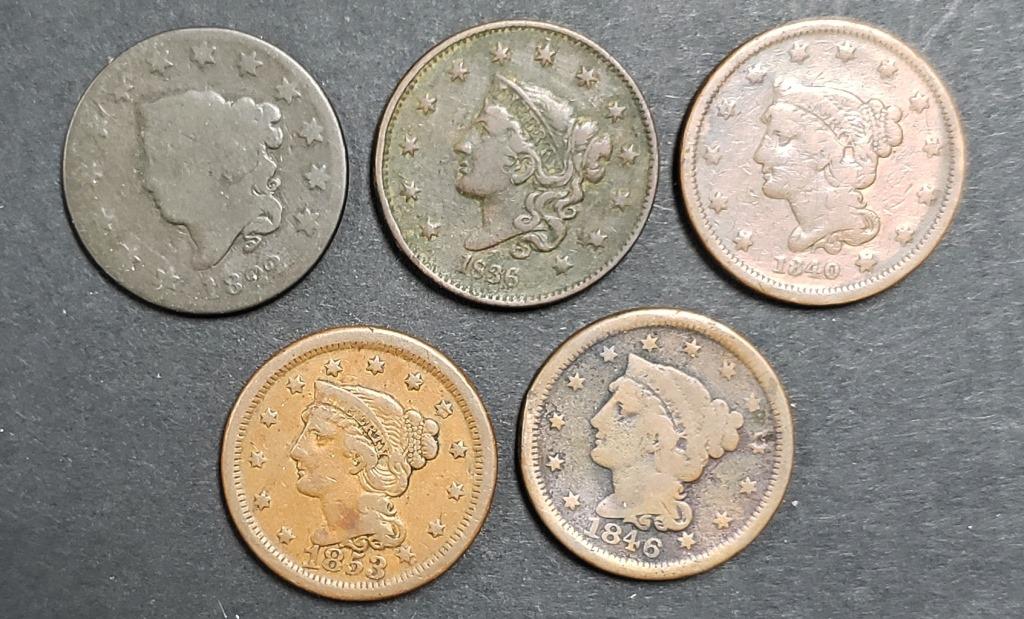 5-LARGE CENTS: 1822, 1836, 1840, 1846, 1853: MIXED DATES/GRADES