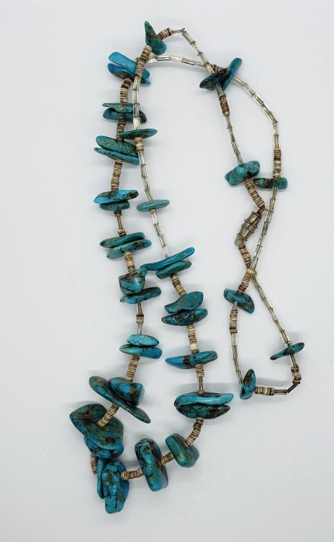 TURQUOISE STONED NECKLACE W SHELLS PULKA LIKE: 28 DWT TOTAL