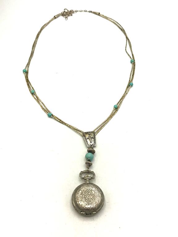 LIQUID SILVER NECKLACE W STONES--: HANGING POCKET WATCH (UNKNOWN IF WATCH IS WORKING OR NOT) 17.6 DWT TOTAL