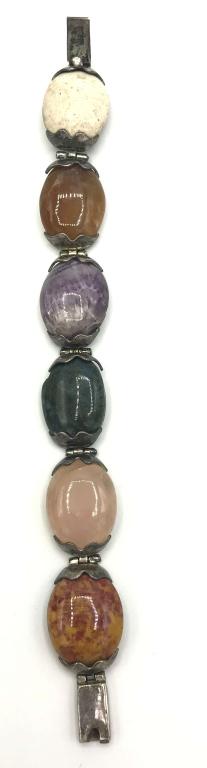 GORGEOUS MEXICO STERLING BEATLE BRACELET: MULTI COLORED NATURAL STONES. TOTAL 32.3 DWT
