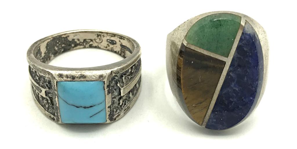 2 MEN'S NAVAJO RINGS TURQ, ABALONE, LAPIS: RING SIZES 11 & 12. 18.5 DWT TOTAL