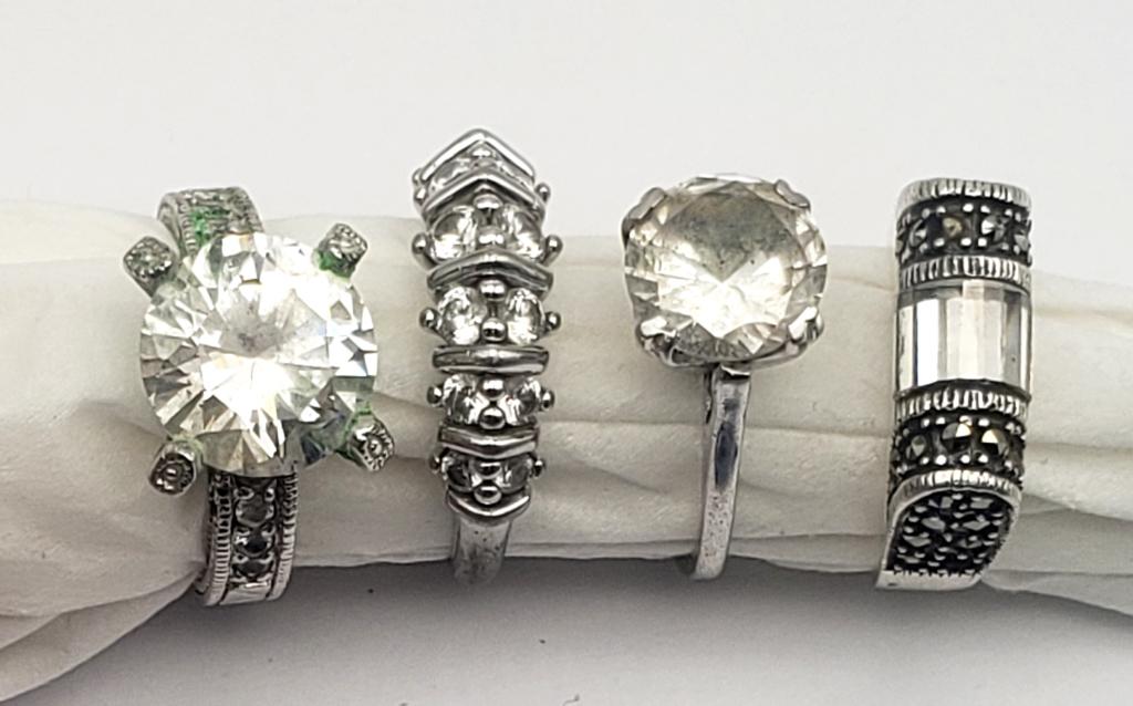 4 STUNNING STERLING RINGS!! SIZES 6-8: MARCASITE- 14.7 DWT TOTAL