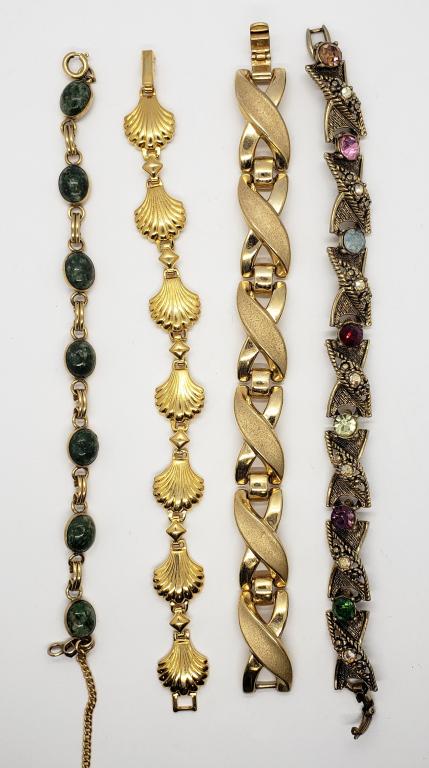 4-GOLD TONED BRACELETS-RHINESTONES-BEETLE: (1)DIFFERENT STYLES!!! (1)MARKED TRIFARI!
