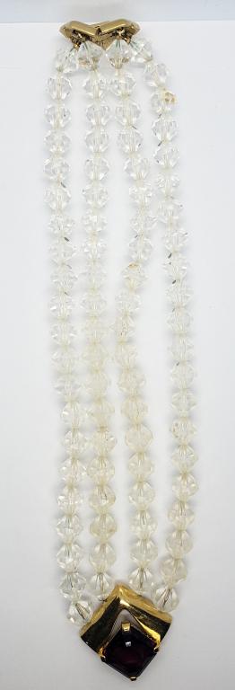 VINTAGE CROWN TRIFARI ALDO CIPULLO DOUBLE: STRANDED CLEAR BEADED NECKLACE WITH PURPLE RHINESTONE PENDANT-GREAT CONDITION!!!