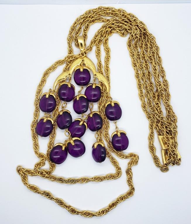 CROWN TRIFARI PURPLE LUCITE WATERFALL: NECKLACE WITH GOLD TONE 3 LAYERED STRAND-MINT CONDITION