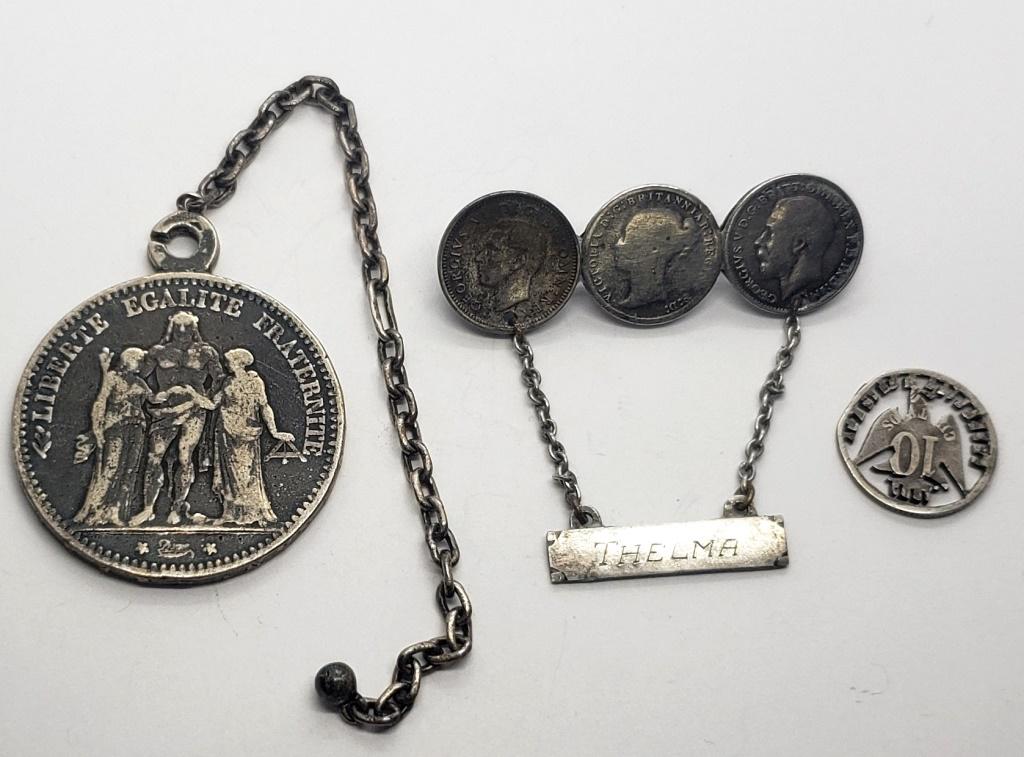 3 pc FOREIGN SILVER COIN JEWELRY LOT (1 of 2)