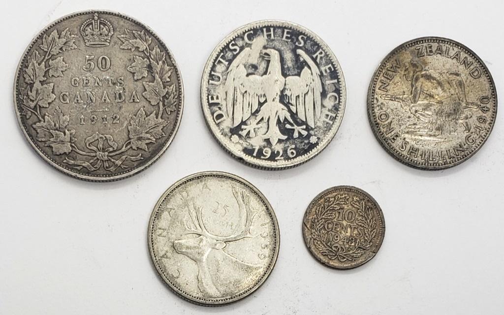 5-FOREIGN SILVER COINS - INTERESTING LOT (1 of 2)
