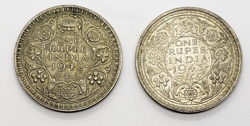 1942 & 1943 INDIA ONE RUPEE SILVER COINS (1 of 2)