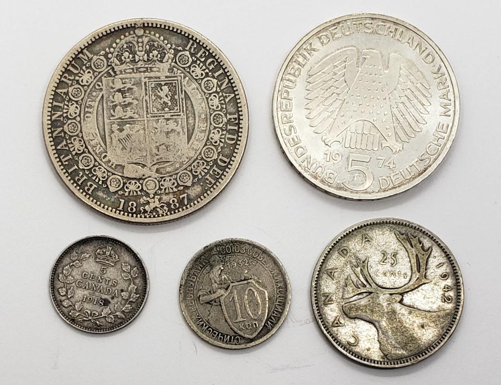 5-FOREIGN SILVER COINS - INTERESTING LOT (1 of 2)