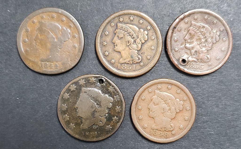 5-LARGE CENTS:  1831 1844, 1848, 1851, 1856 (1 of 2)