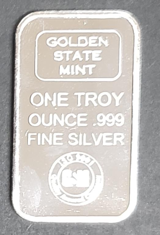 GOLDEN STATE MINT 1ozt .999 SILVER BAR: ONE TROY OUNCE FINE SILVER