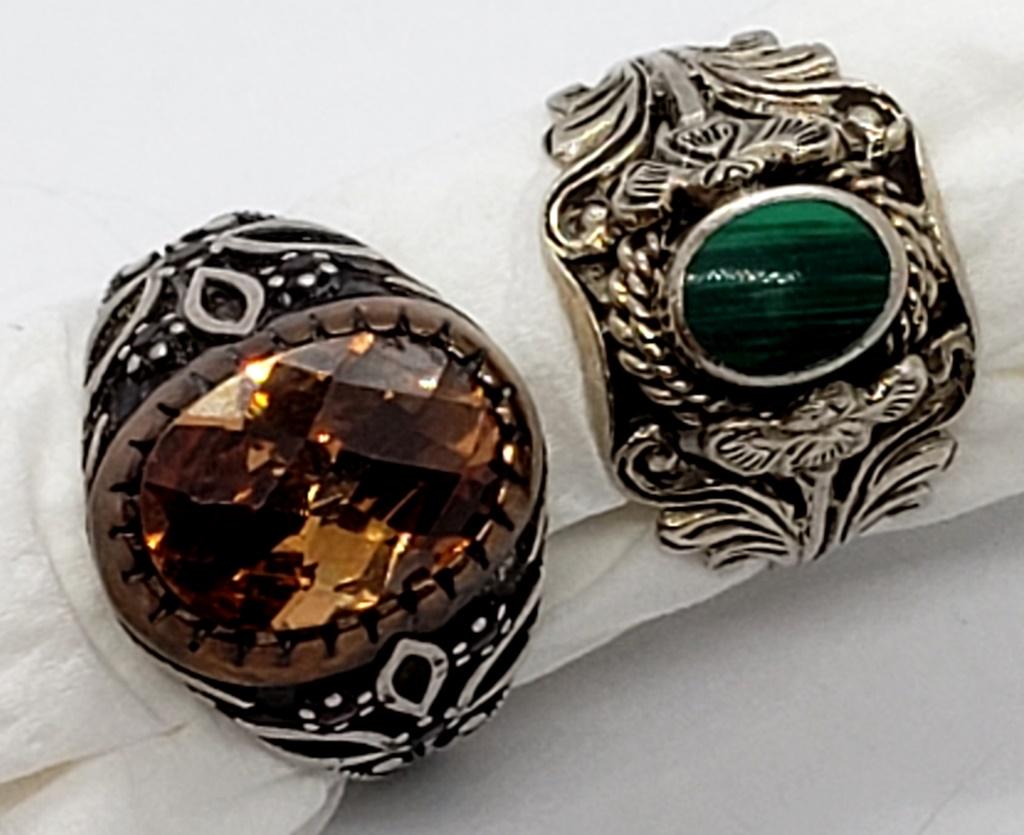 2-STERLING RINGS (1) TURQUOISE NATIVE STYLE: (1) LARGE BROWN CENTER STONE w/RUBIES on SIDE, SIZE 10 & 11 (11.1 dwt)