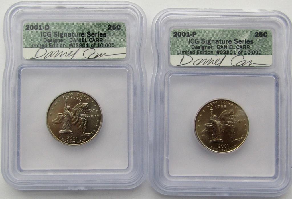 2001 P & D STATE QTR NY SIGNATURE: SERIES. SIGNED BY DESIGNER DANIEL CARR