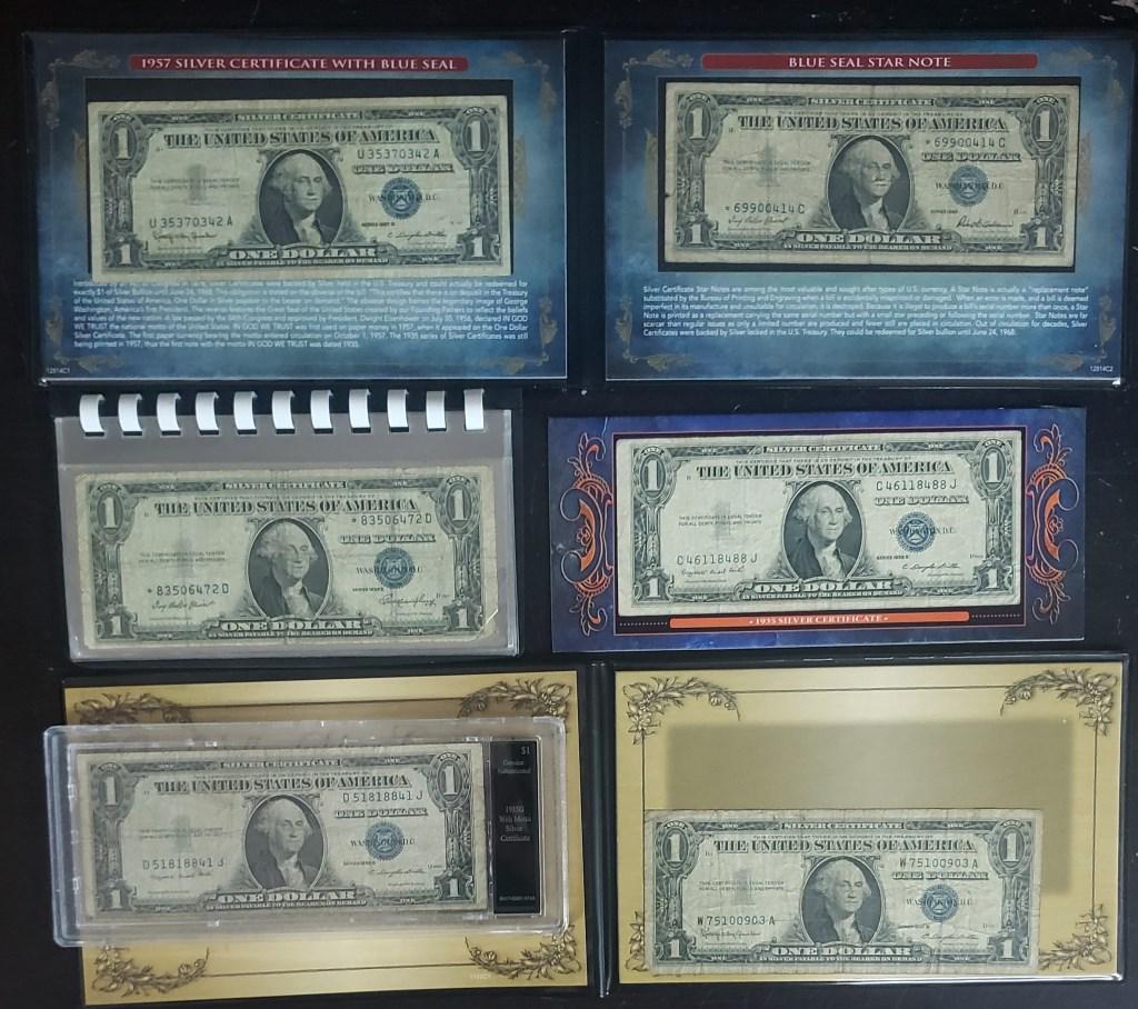 6 SILVER CERTIFICATES (2) are STAR NOTES: (1) is GLUED TO DISPLAY (1) SEALED in GRADED HOLDER