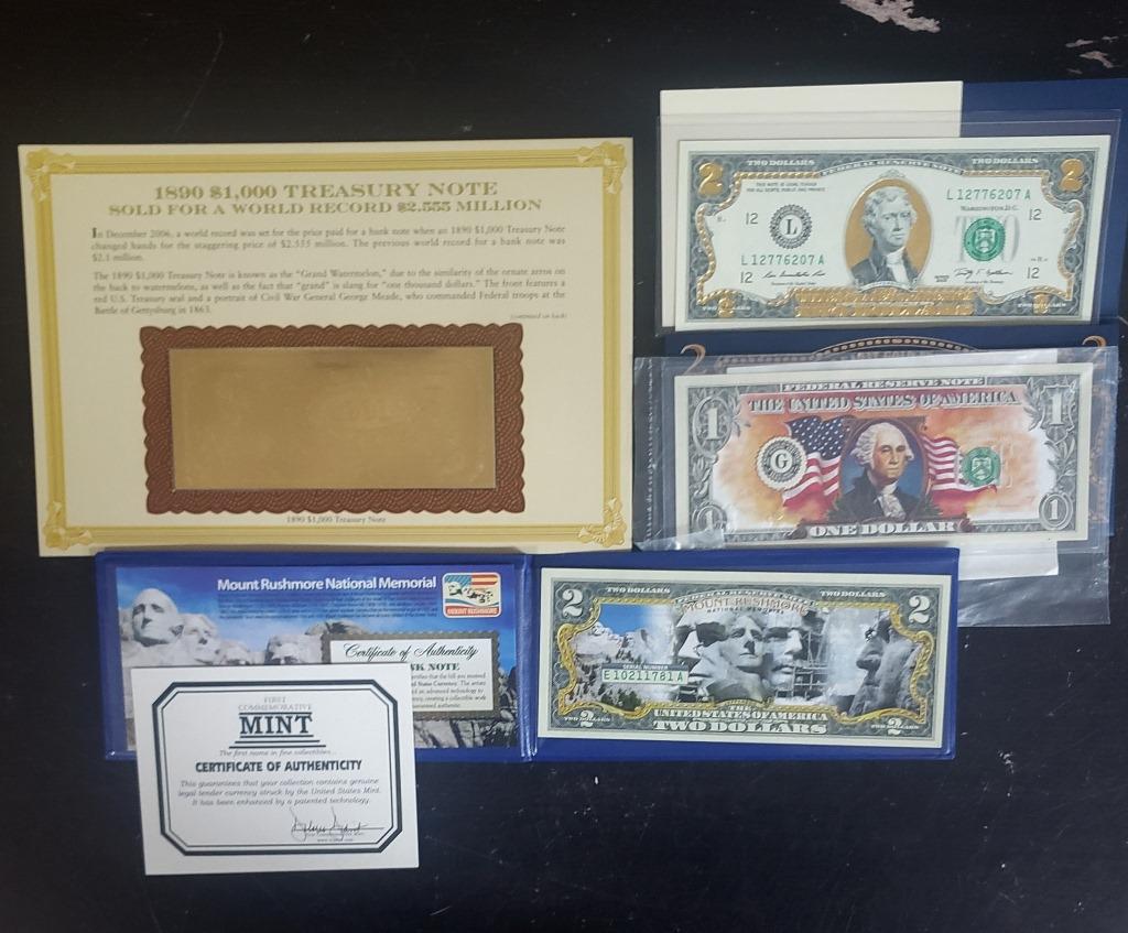 4 SPECIALTY NOTES / COLORIZED / GOLD FOILED: TWO DOLLAR 22k GOLD EDITION; 1890 GOLD FOILED $1000 TREASURY NOTE; $1 FED RES NOTE COLORIZED; $2 NOTE MT RUSHMORE ENHANCED