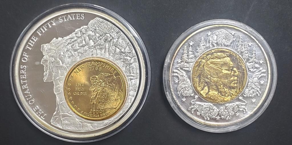 2-AMERICAN MINT INLAID COMMEMS: (1) BUFFALO NICKEL LEWIS & CLARK ROUND, (1) QTRS of FIFTY STATES (NH)