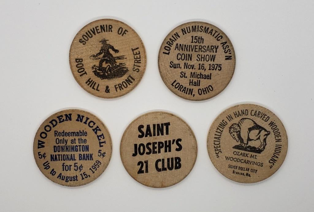 5-WOODEN NICKELS - ALL DIFFERENT - SEE DESCRIPTION: BOOT HILL DODGE CITY KANSAS; LORAIN UMISMATIC ASS'N 15th ANNIV 1975 LORAIN, OHIO; SAINT JOSEPH'S 21 CLUB; SILVER DOLLAR CITY BRANSON MO; DOWNINGTON NATL BANK 1959;