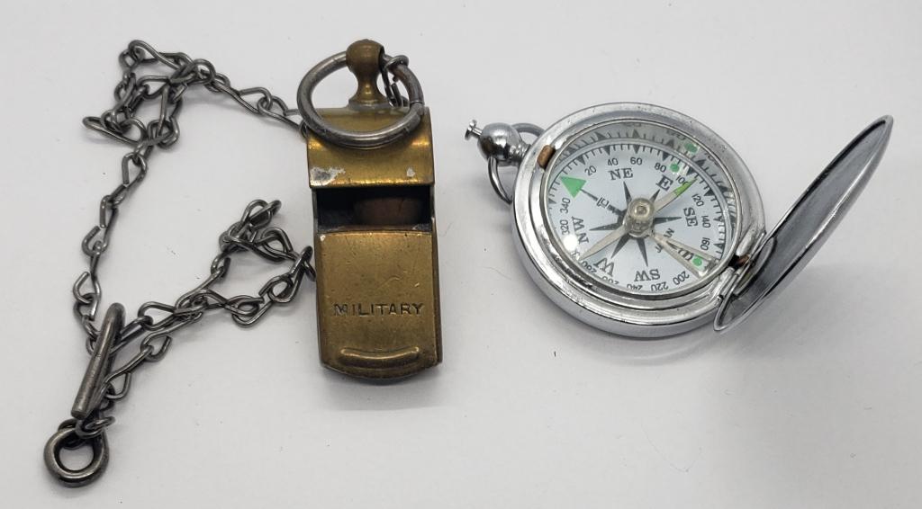 Military Whistle & Compass: Both in good working condition.