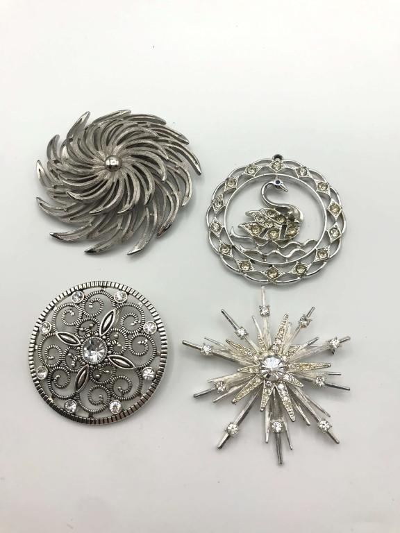 4-VINTAGE SILVER TONED BROOCHES-RHINESTONE: ACCENTS!!!! (1)SWAN (1)MONET (1)MAKER MARK