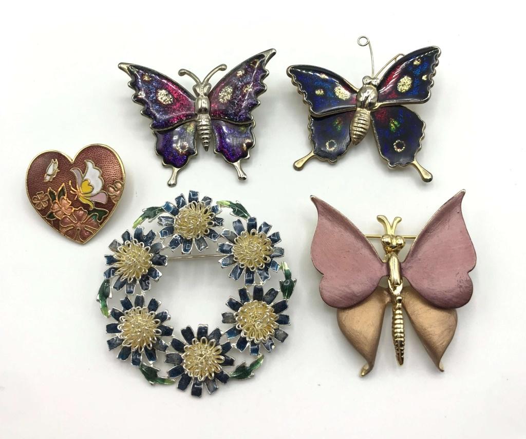 5-BEAUTIFUL BROOCHES: (3)BUTTERFLY (1)WREATH: (1)HEART WITH DESING-ENAMEL-(1)MARKED MADE IT TAIWAN
