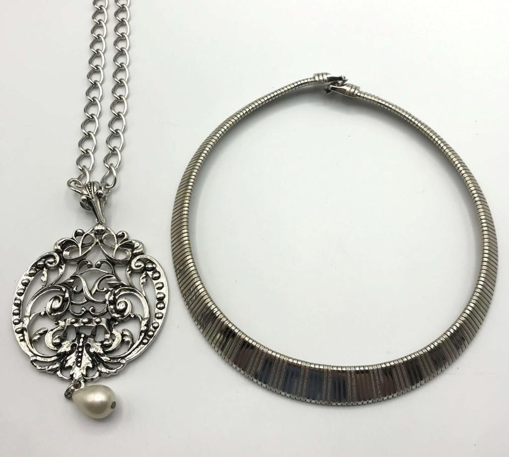 VITNAGE SILVER TONED TRIFARI HERRINGBONE: NECKALCE PLUSE BONUS AVON SILVER TONE NECKALCE WITH LARGE INTRICATE DESIGN-FAUX PEARL DANGLY BEAD