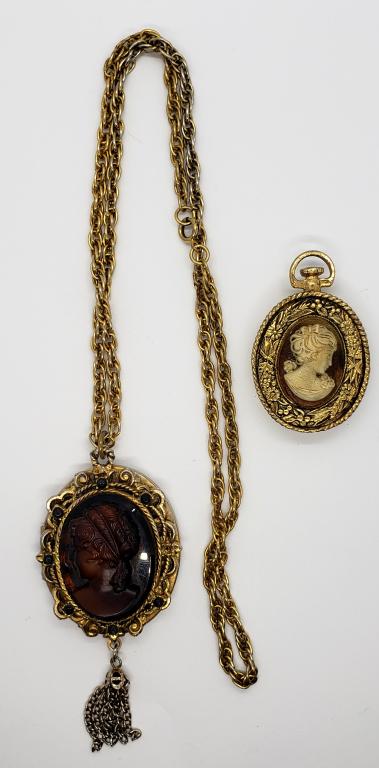 VINTAGE GOLD TONED CAMEO PENDANT/LOCKET: WITH GOLD TONED CHAIN: LOOKS TO BE RESIN? (!)MISSING ONE BEAD PLUS VINTAGE GOLD TONED CAMEO PENDANT
