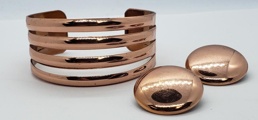 COPPER TONE SPLIT SHANK CUFF WITH RENOIR: MARKED COPPED TONED CLIP ON EARRINGS