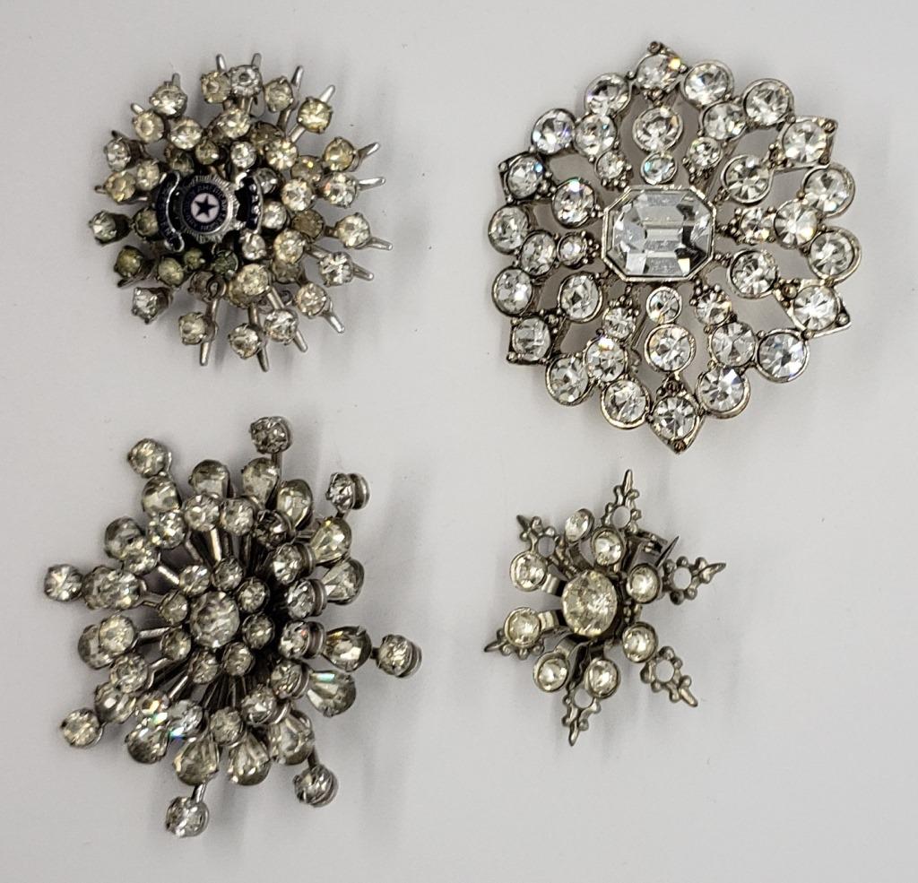 4-VINTAGE SILVER TONED RHINESTONE STARBURST: BROOCHES- (1)AMERICAN LEGION PAST PRESIDENT ENAMEL CHARM
