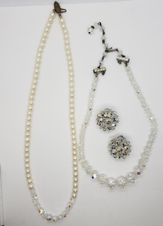 2-VINTAGE CLEAR BEADED NECKLACES (1)WITH FAUX: PEARL ACCENTS PLUS MATCHING CLIP ON CLEAR BEADED CLUSTER EARRINGS