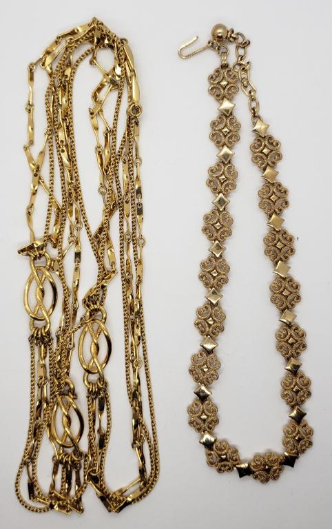 VINTAGE GOLD TONED MONET LAYERED NECKALCE: PLUS AVON GOLD TONED PANEL NECKLACE