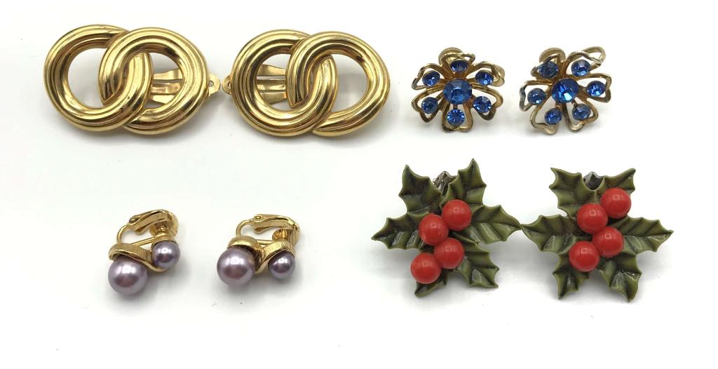 4-VINTAGE CLIP ON EARRINGS: (1)CORO FLOWER: WITH BLUE RHINESTONES (1)POINSETTA (1)LAVENDAR FAUX PEARLS (1)GIVENCHY