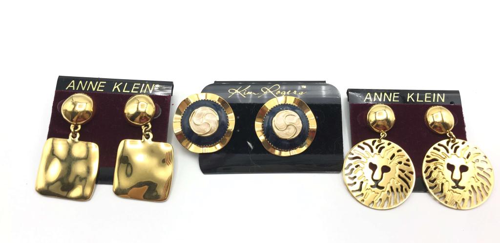NEW! VINTAGE ANNE KLEIN LION DANGLY EARRINGS: PLUS KIM ROGERS PIERCED EARRINGS WITH ENAMEL DESIGN