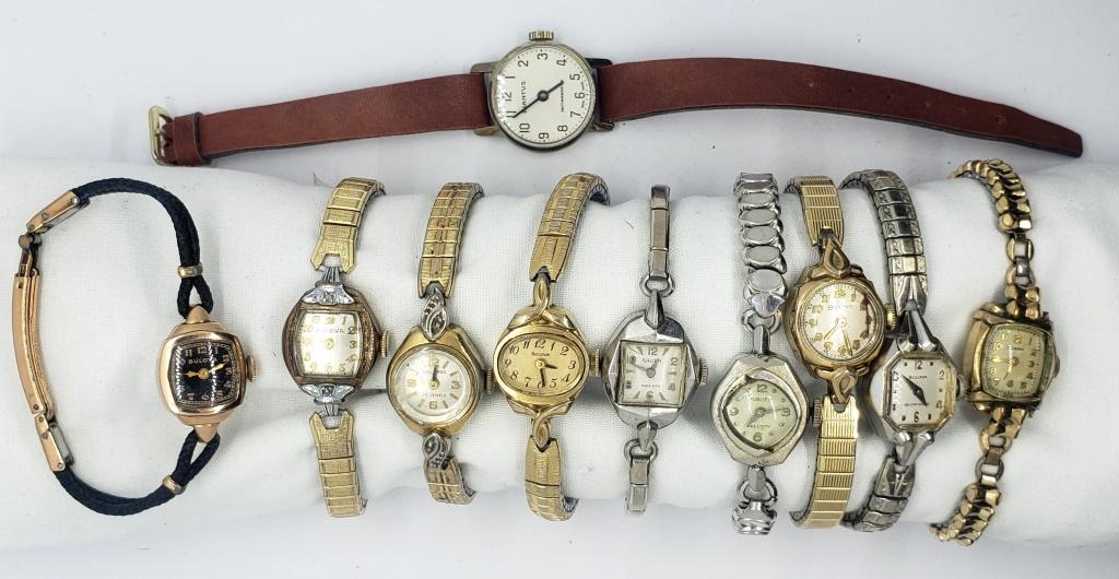 10-LADIES VINTAGE WRIST WATCHES: BUREN (10k GOLD FILLED) 3-BULOVA, HELBROS, BULOVA (10k GOLD FILLED),BULOVA (14k GOLD FILLED), 2-GRUEN, DIANTUS