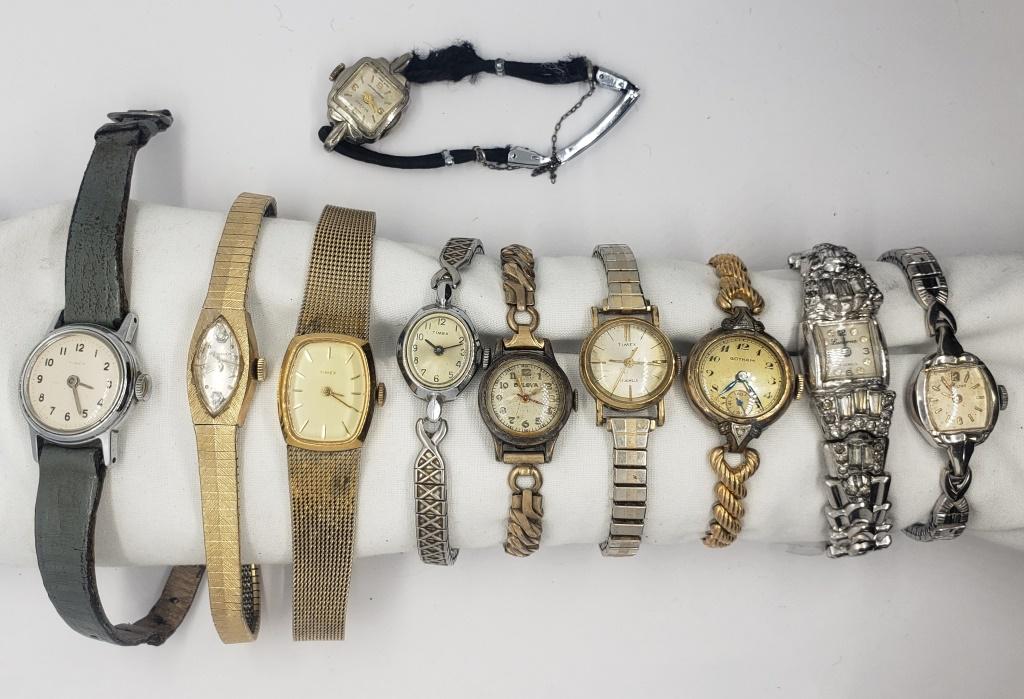 10-LADIES VINTAGE WRIST WATCHES: 4-TIMEX, BULOVA, WITTNAUER, GOTHAM, SAXONY, HAMILTON, LUCERNE (MISSING STEM) - (NOT RUNNING UNLESS MENTIONED- NO MISSING PARTS UNLESS MENTIONED)