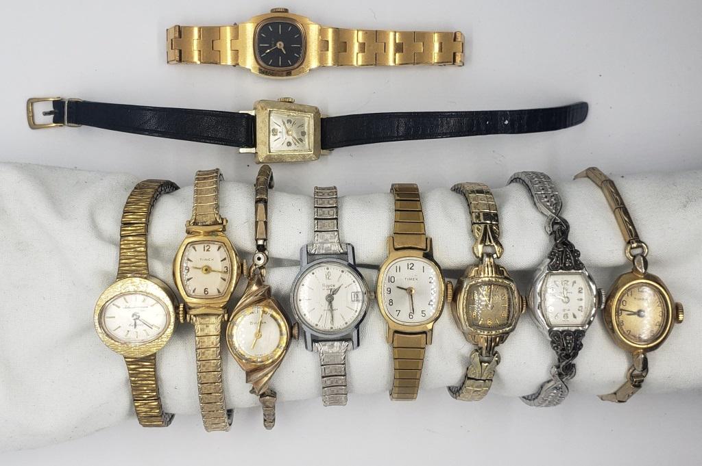 10-LADIES VINTAGE WRIST WATCHES: HELBROS,2- BULOVA, JULES JURGENSEN, 4- TIMEX, SOVEREIGN, ROYCE 21j (MISSING STEM) - (NOT RUNNING UNLESS MENTIONED- NO MISSING PARTS UNLESS MENTIONED)