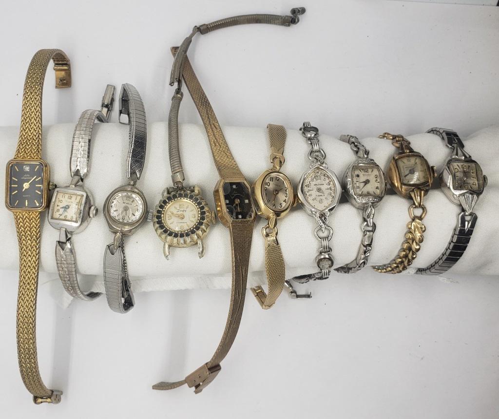 10-LADIES VINTAGE WRIST WATCHES: 2-JULES JURGENSEN, RONDEL, ELGIN, BENRUS, BELFORTE, GRUEN, TIMEX, DARLING, WALTHAM MISSING CRYSTAL, HANDS & STEM with CAMEO BAND